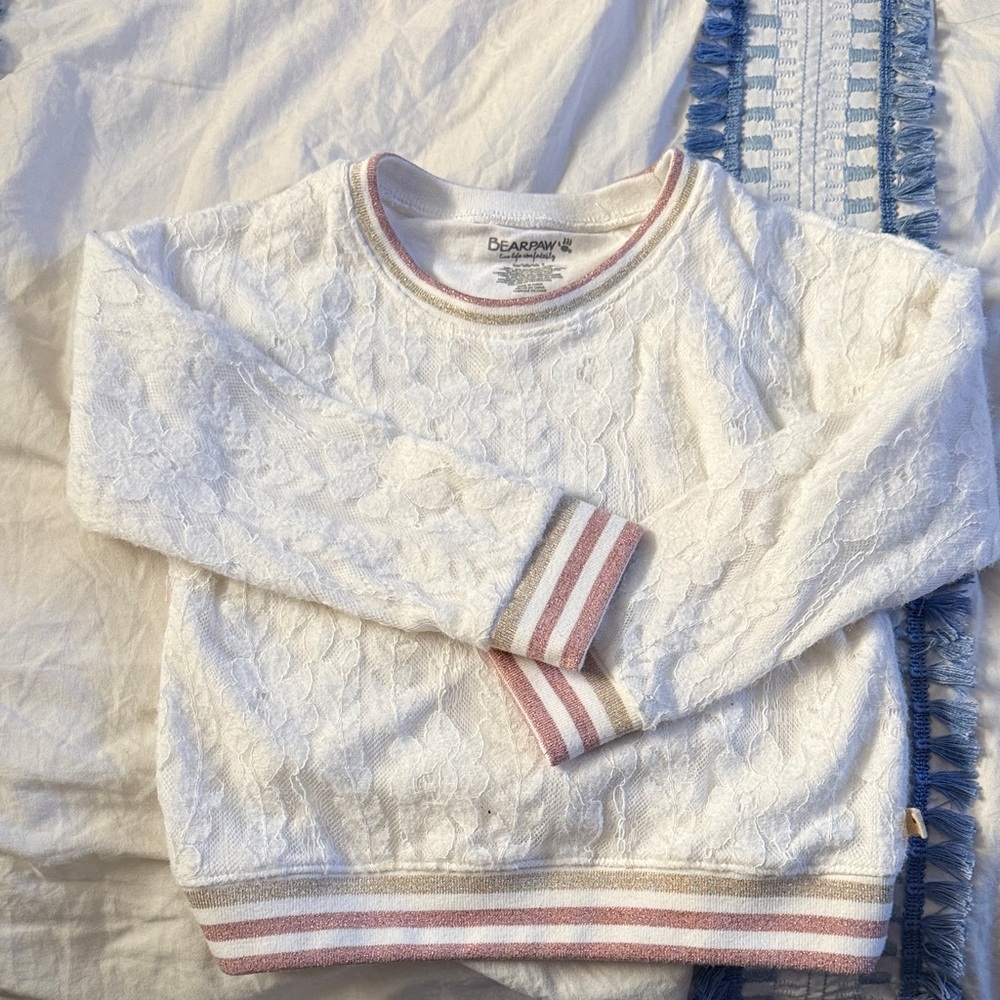 BearPaw White Lace Sweatshirt with Pink Trim